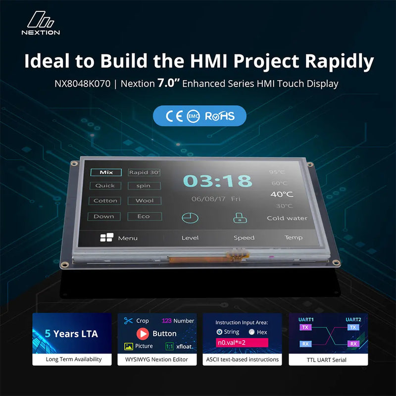 Nextion NX8048K070 7-inch HMI Touch Display - Enhanced Series 800x480 TFT LCD, Resistive Touch, UART Interface, STM32 MCU for Industrial Controls/Arduino/Raspberry Pi (No Enclosure)