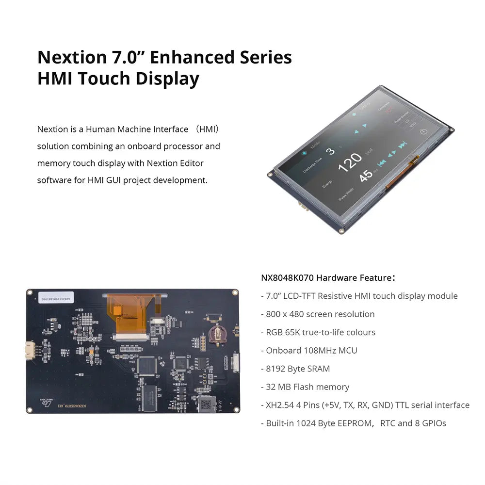 Nextion NX8048K070 7-inch HMI Touch Display - Enhanced Series 800x480 TFT LCD, Resistive Touch, UART Interface, STM32 MCU for Industrial Controls/Arduino/Raspberry Pi (No Enclosure)