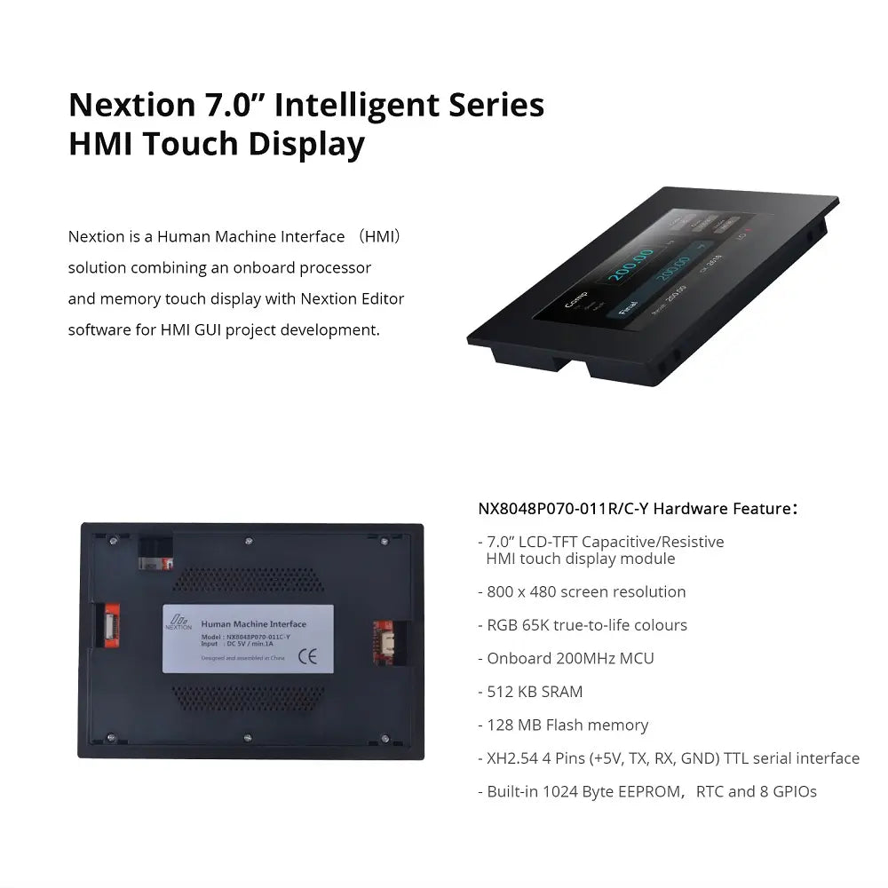 Nextion NX8048P070-011C-Y 7.0 Inch HMI Touch Display, Intelligent Series Capacitive Touchscreen with Enclosure, 800x480 Resolution, UART Interface for Arduino/Raspberry Pi DIY Projects