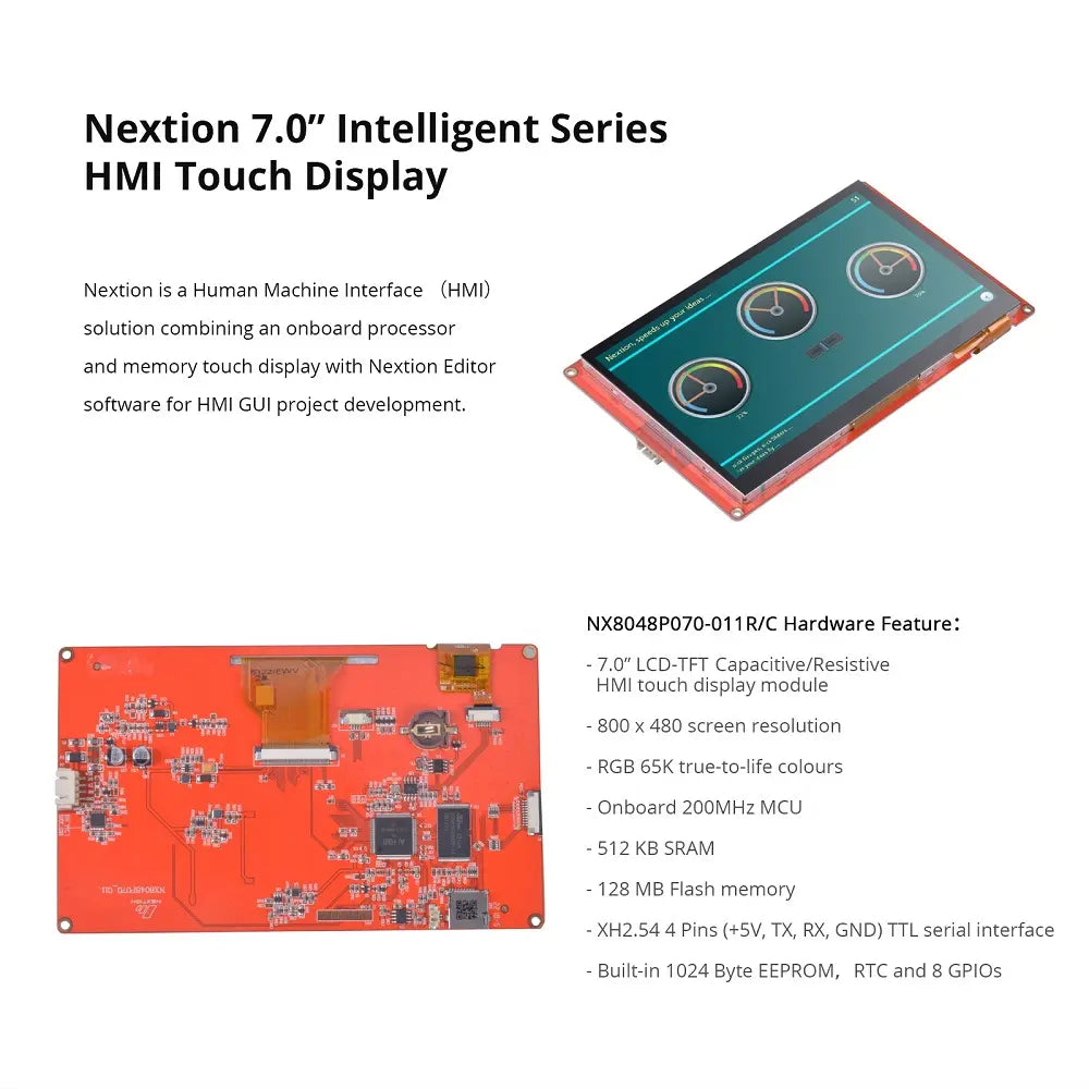 Nextion NX8048P070-011C 7-inch Capacitive HMI Touch Display - Intelligent Series 800×480 USART Interface for Arduino/Raspberry Pi/ESP32, Industrial Control Panel (No Enclosure)