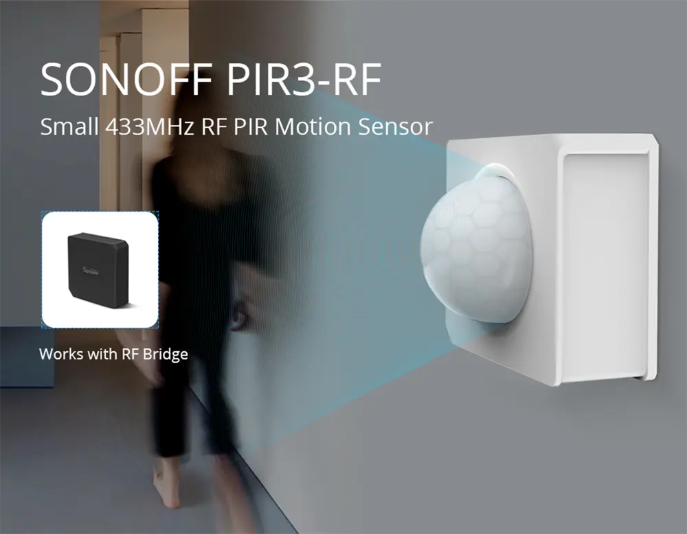 SONOFF PIR3-RF 433MHz Motion Sensor - Wireless PIR Detector for Smart Home, 90° Detection Angle, 5-8m Range, Works with RF Bridges, No WiFi Required