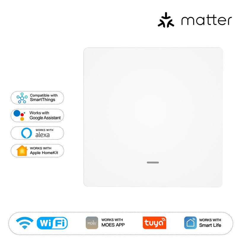 Matter WiFi Smart Light Switch EU - Push Button Design, Neutral Wire Required, Works with Alexa/Google/HomeKit (Matter Compatible), App & Voice Control, CE Certified
