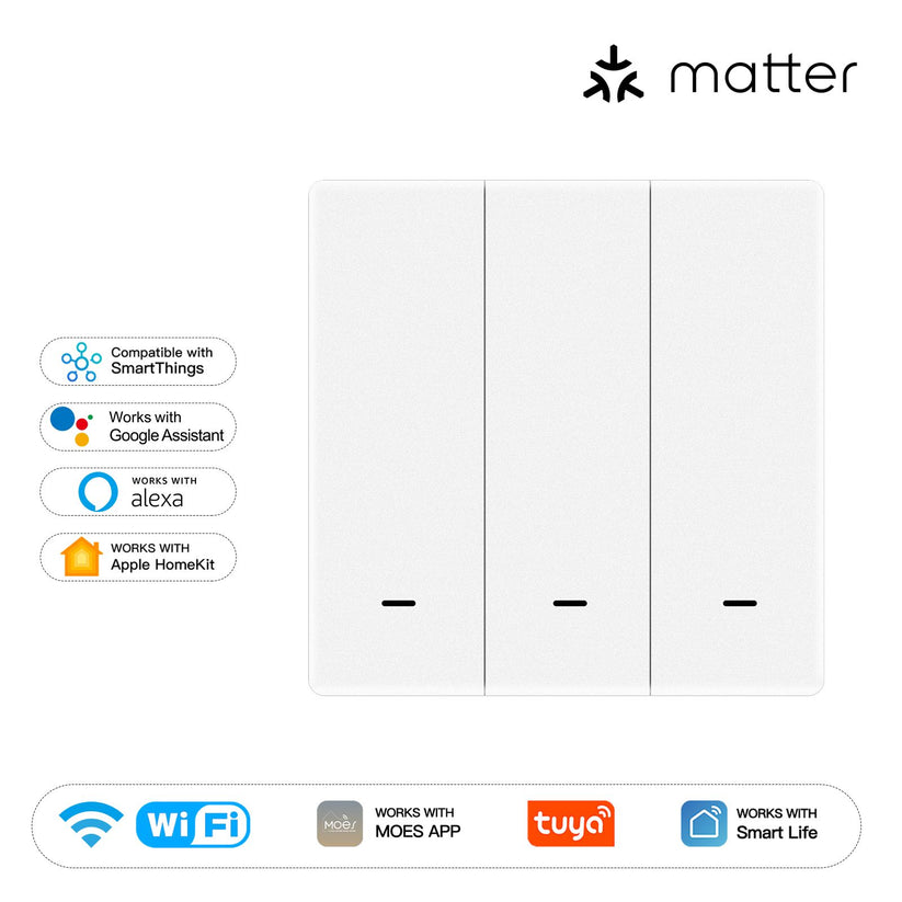 Matter WiFi Smart Light Switch EU - Push Button Design, Neutral Wire Required, Works with Alexa/Google/HomeKit (Matter Compatible), App & Voice Control, CE Certified