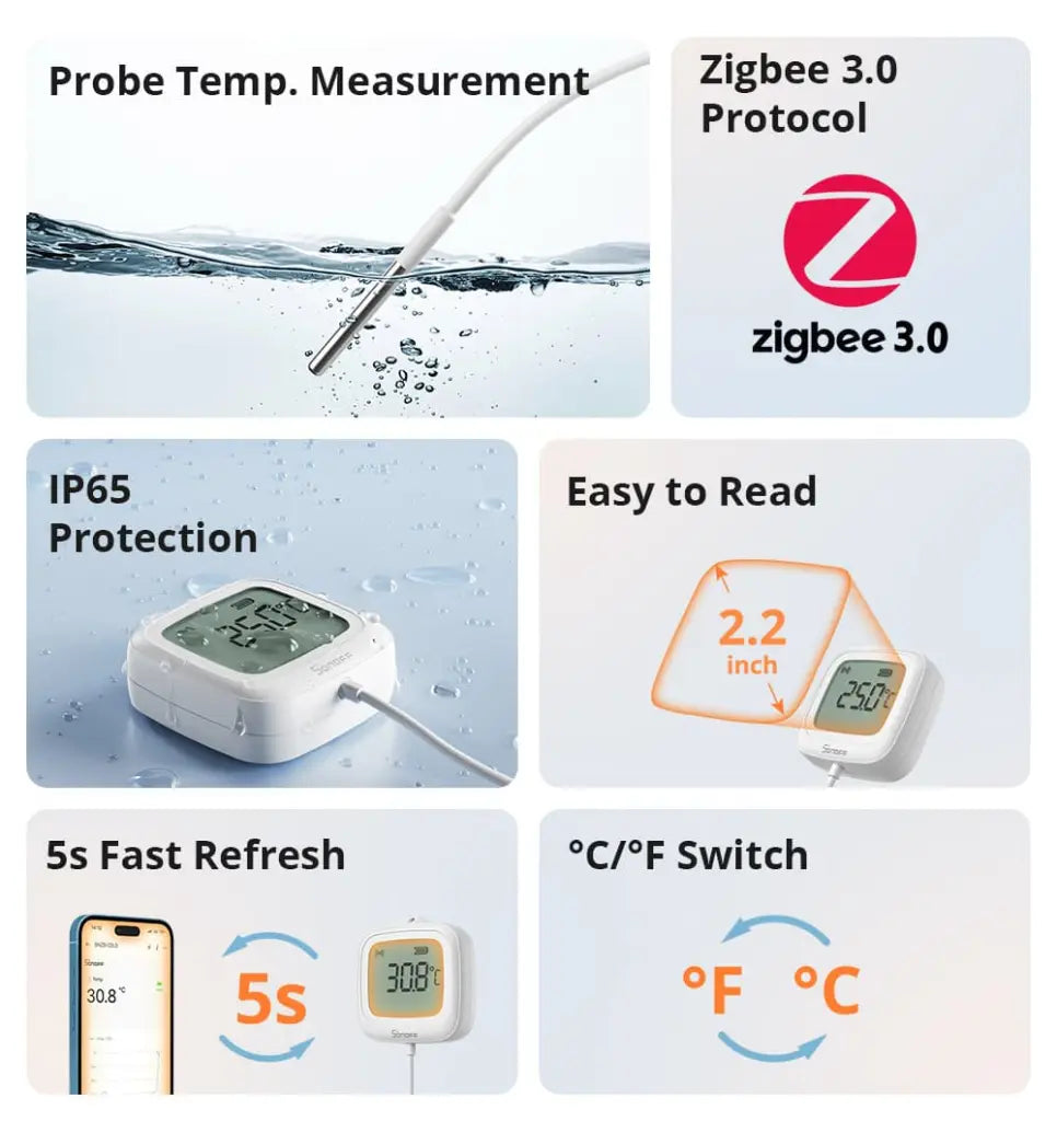 SONOFF SNZB-02LD IP65 Zigbee Smart Thermometer - Probe Version with LCD Display, Waterproof Sensor, Works with Alexa/Google Home, for Indoor/Outdoor Temperature Monitoring