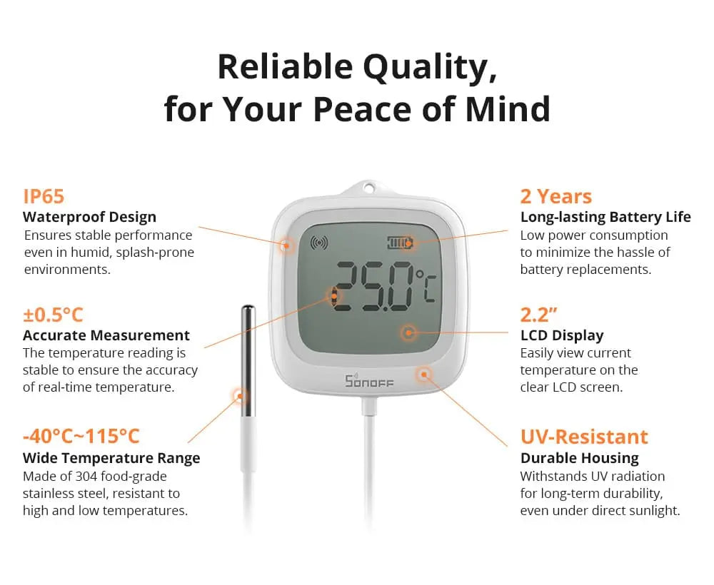 SONOFF SNZB-02LD IP65 Zigbee Smart Thermometer - Probe Version with LCD Display, Waterproof Sensor, Works with Alexa/Google Home, for Indoor/Outdoor Temperature Monitoring