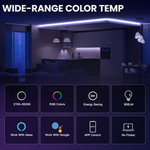 Smart Bluetooth LED Bulb, 9W E27 RGB Color Changing, Dimmable Works with Alexa & Google Home, 16 Million Colors, Voice & App Control, Tunable White 2700K-6500K, No Hub Required