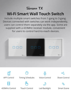 SONOFF T3UK3C TX Smart WiFi Touch Wall Switch - 3 Gang Black Panel with Edge Lighting, Works with Alexa & Google Home, 433MHz RF Remote Control, IFTTT Automation, No Hub Required