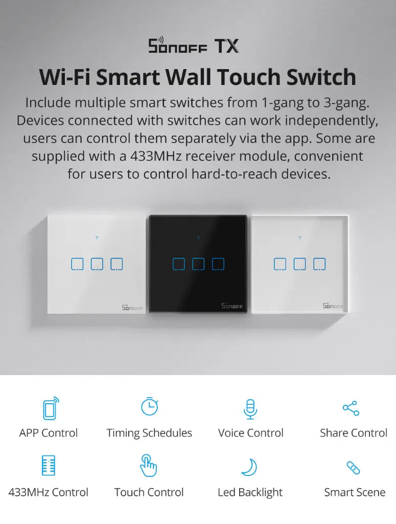 SONOFF T3UK3C TX Smart WiFi Touch Wall Switch - 3 Gang Black Panel with Edge Lighting, Works with Alexa & Google Home, 433MHz RF Remote Control, IFTTT Automation, No Hub Required