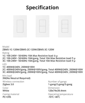 SONOFF ZBM5-1C-120W SwitchMan Zigbee Smart Wall Switch - 1-Gang, Works with Alexa/Google Home, No Neutral Required, 120W Max Load, White Touch Panel, Zigbee 3.0