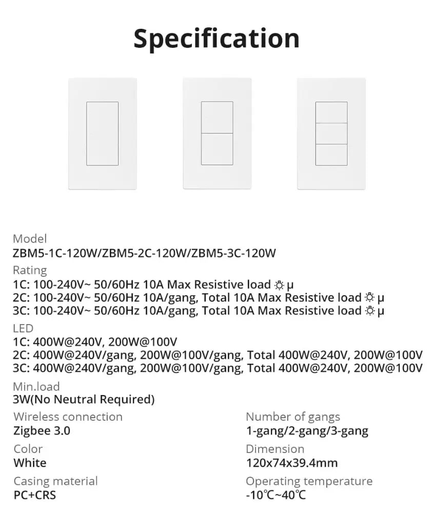 SONOFF ZBM5-1C-120W SwitchMan Zigbee Smart Wall Switch - 1-Gang, Works with Alexa/Google Home, No Neutral Required, 120W Max Load, White Touch Panel, Zigbee 3.0