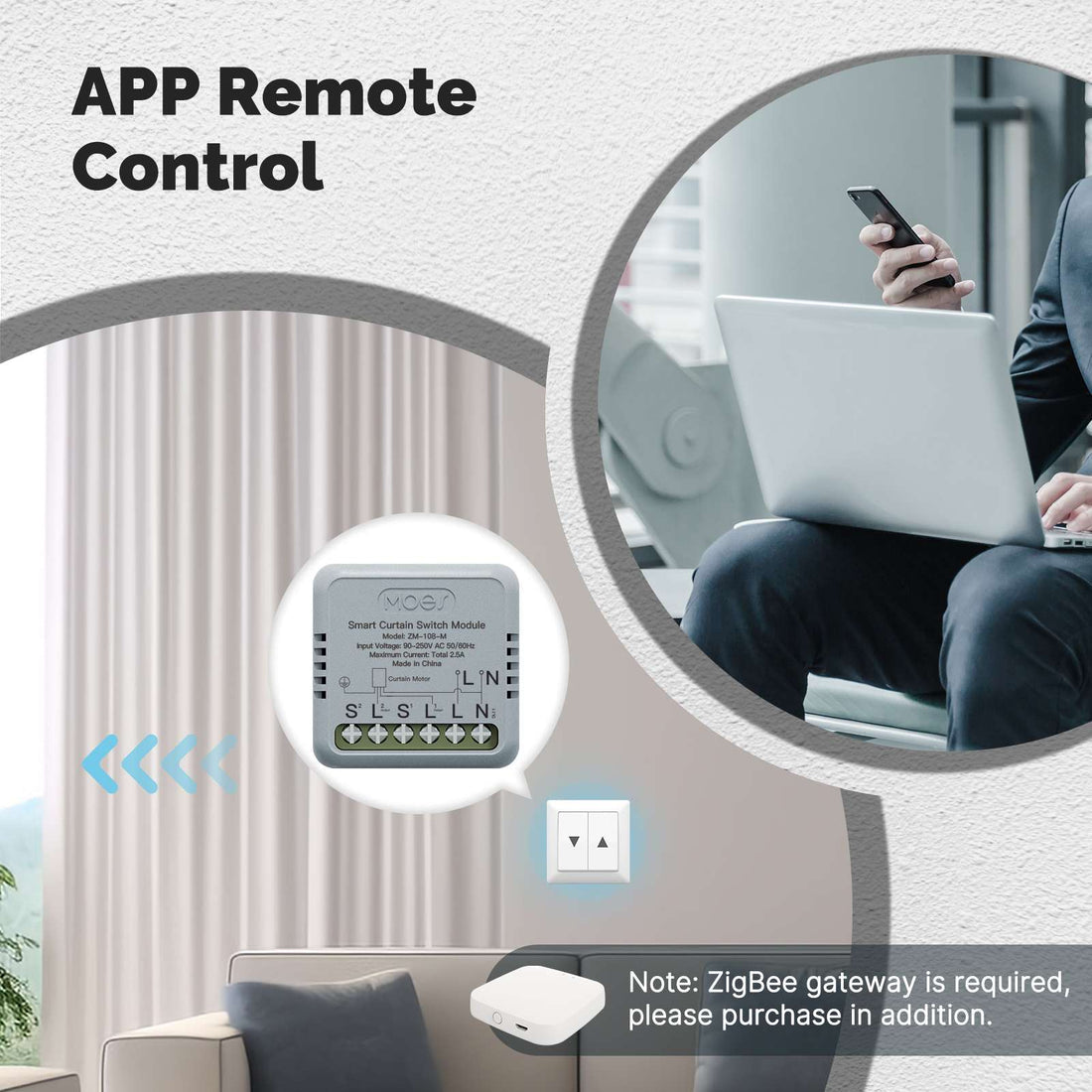 ZigBee Smart Curtain Switch Module - Mini Design, Works with Alexa/Google Home, App & Voice Control, Requires ZigBee Hub, Timer Scheduling, Compatible with Curtains/Blinds (90-250V)
