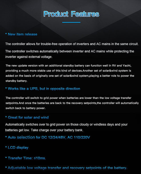 ATS Dual Power Automatic Transfer Switch & Solar Charge Controller – for Off-Grid Solar & Wind Systems – Compatible with Inverters, Generators, and Battery Backup – Reliable Energy Switching Solution
