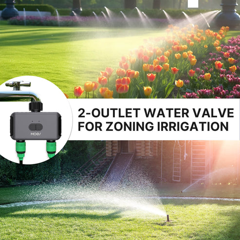 Bluetooth Smart Sprinkler Timer - Dual Outlet Water Timer with App Control, Programmable Irrigation System for Lawn & Garden (Weather Resistant, Battery Powered, Easy Installation)