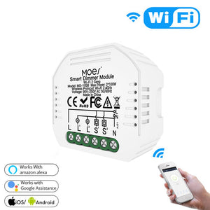 WiFi Smart Dimmer Switch Module - 2 Gang LED Dimmable Relay, Works with Alexa/Google Home, No Hub Required, DIY Installation, 0-100% Smooth Dimming, Smart Life/Tuya App (120-250V)