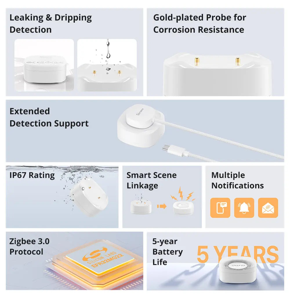 SONOFF SNZB-05P Smart Zigbee 3.0 Water Leak Sensor - IP67 Waterproof with 5ft Detection Cable, 5+ Year Battery, Works with Alexa/Google Home, Smart Alarm & Scene Automation
