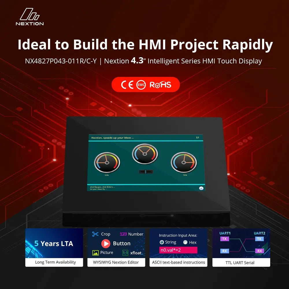 Nextion NX4827P043-011R-Y 4.3-inch HMI Touch Display - Intelligent Series IPS Resistive Touchscreen (480x272), UART Interface, STM32 Processor, for Arduino/Raspberry Pi/ESP32, Industrial IoT Projects