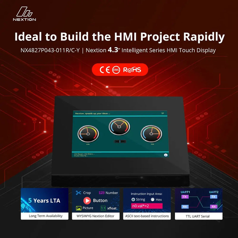 Nextion NX4827P043-011R-Y 4.3-inch HMI Touch Display - Intelligent Series IPS Resistive Touchscreen (480x272), UART Interface, STM32 Processor, for Arduino/Raspberry Pi/ESP32, Industrial IoT Projects