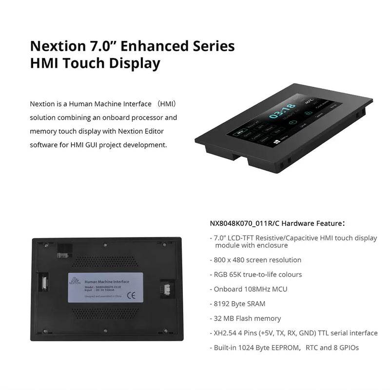 Nextion NX8048K070-011C 7-inch Enhanced HMI Touch Display - Capacitive IPS Panel (800x480), STM32 MCU, UART Interface, with Enclosure for Industrial/Arduino/Raspberry Pi