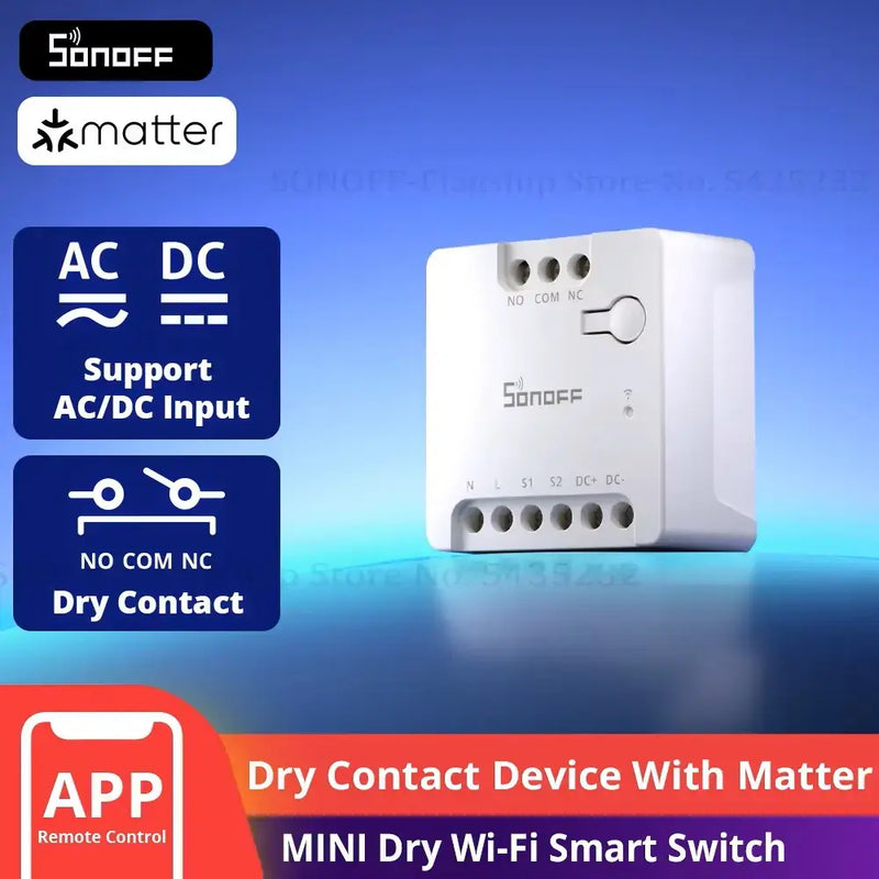 SONOFF MINI-D Dry Contact Smart Switch (Matter Compatible) - WiFi Relay for Garage Doors/Boilers/DC Motors, Works with Alexa & Google Home, AC/DC 12-240V Input