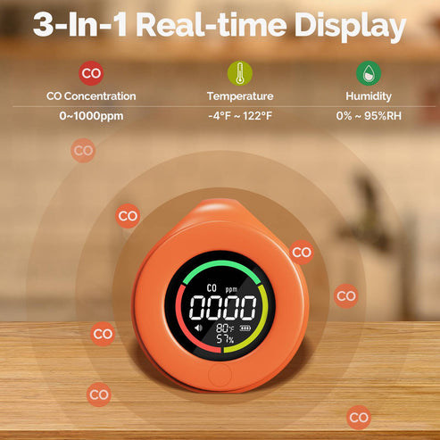 Mini Carbon Monoxide Detector - Portable CO Alarm with Temperature & Humidity Meter, Battery-Powered CO Tester for Home, Travel, RV, Kitchen, Bedroom (LCD Display, 3-in-1 Air Quality Monitor)