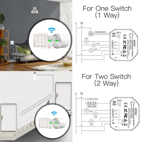 3/4 Gang Smart Light Switch Module - 1/2 Way Wireless Control, WiFi & RF433 Dual Mode, Compatible with Alexa/Google Home, No Hub Required, for Smart Home Automation (Modular Design)