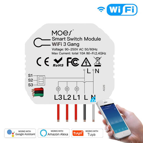 3/4 Gang Smart Light Switch Module - 1/2 Way Wireless Control, WiFi & RF433 Dual Mode, Compatible with Alexa/Google Home, No Hub Required, for Smart Home Automation (Modular Design)