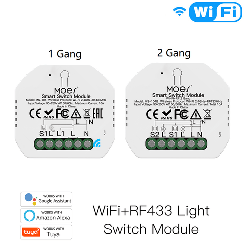 Mini DIY WiFi & RF433 Smart Relay Module – Dual Wireless Light Switch, 1/2 Gang Configurable, No Hub Required, Works with Alexa/Google Home, Tuya Smart Life App, Reset Function (for Lights, Appliances, Smart Home)