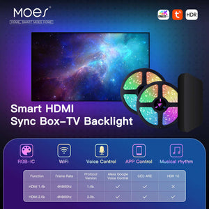 MOES Smart WiFi Ambient Lighting TV Backlight, 4K HDMI 2.0 Sync Box with LED Light Strip, 16.4ft RGBIC Color Changing, Music Sync, App Control, Works with Alexa/Google Home, for Gaming, Movies, PC Monitor