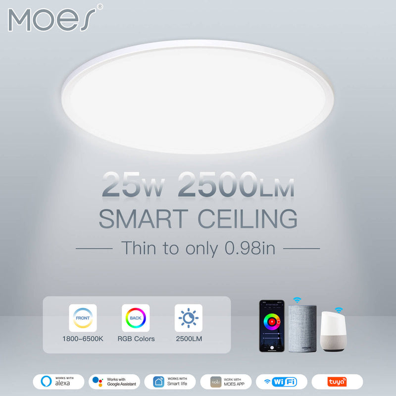 MOES Smart WiFi Ceiling Light, Ultrathin 24W RGB+CCT Dimmable LED Panel Light, Works with Alexa/Google Home, 16 Million Colors, Voice Control, Timing Function, Modern Flush Mount Lighting for Bedroom/Living Room