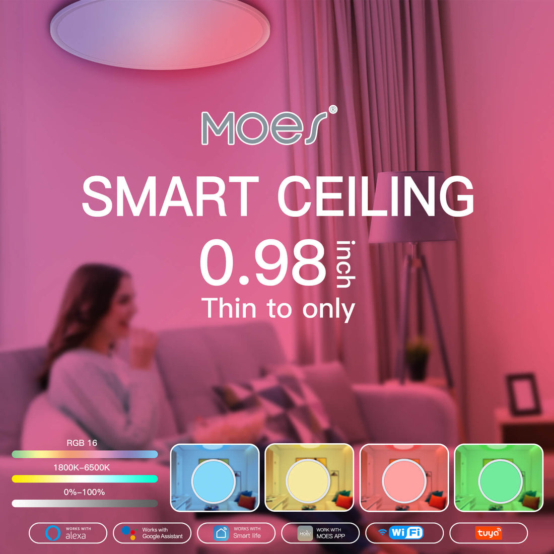 MOES Smart WiFi Ceiling Light, Ultrathin 24W RGB+CCT Dimmable LED Panel Light, Works with Alexa/Google Home, 16 Million Colors, Voice Control, Timing Function, Modern Flush Mount Lighting for Bedroom/Living Room
