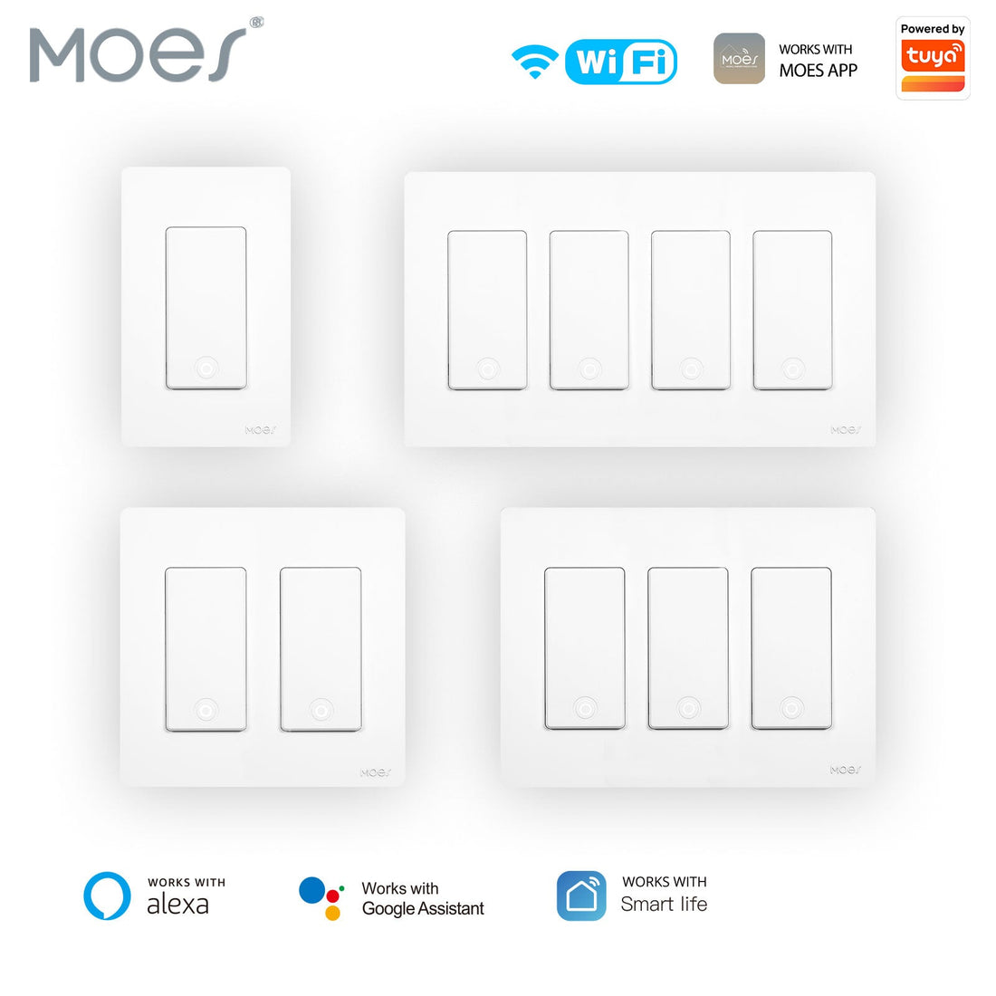 MOES Star Ring 2nd Gen Smart WiFi Light Switch – Single Pole & 3-Way, 1/2/3/4 Gang, Works with Alexa & Google Home, No Hub Required, Neutral Wire Optional, Touch Panel & App Control