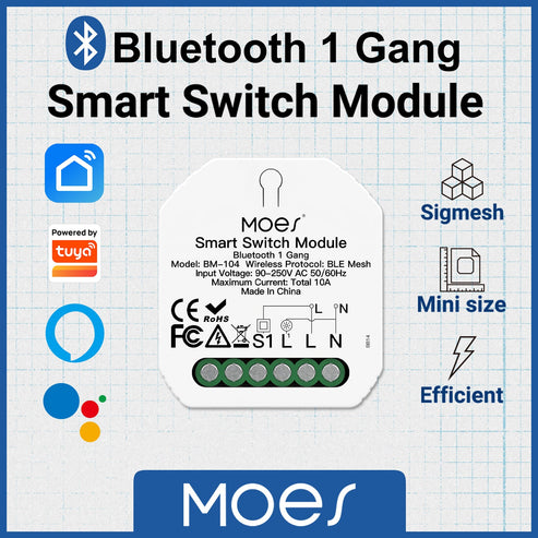 Bluetooth Smart Mini Switch Module - 1 Gang & 2 Gang BLE SIGMESH Circuit Breaker, DIY Wireless Light Switch, No Hub Required, Works with Alexa/Google Home, Smart Life App Control (90-250V)