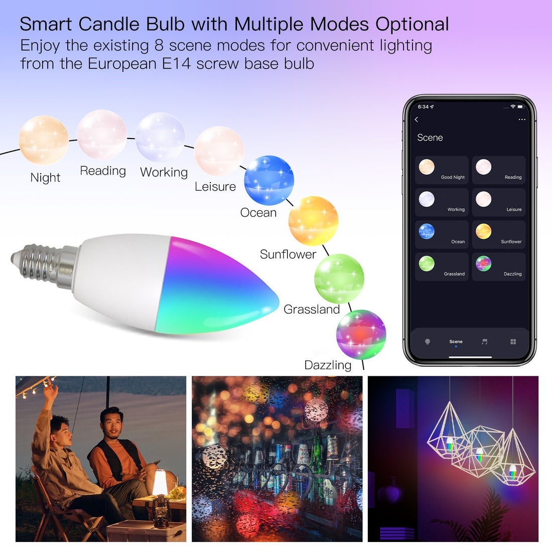 MOES WiFi Smart Candle Bulb, E14 (6W) / E12 (5W) RGBCCT Color Changing, Dimmable LED Light, Works with Alexa & Google Home, 2700K-6500K Tunable White, Voice & App Control, Candelabra Bulb for Chandeliers, Lamps
