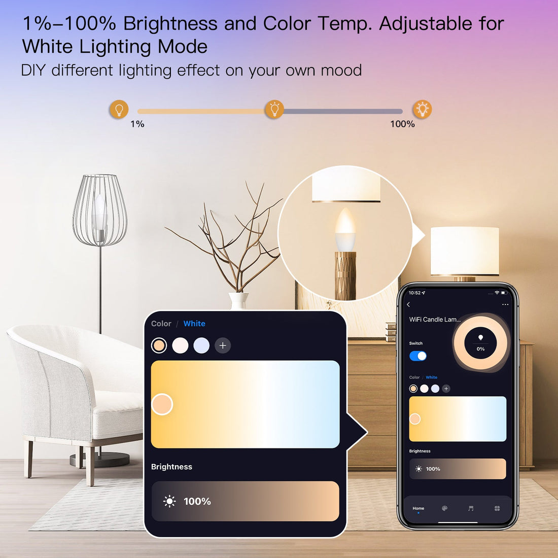 MOES WiFi Smart Candle Bulb, E14 (6W) / E12 (5W) RGBCCT Color Changing, Dimmable LED Light, Works with Alexa & Google Home, 2700K-6500K Tunable White, Voice & App Control, Candelabra Bulb for Chandeliers, Lamps