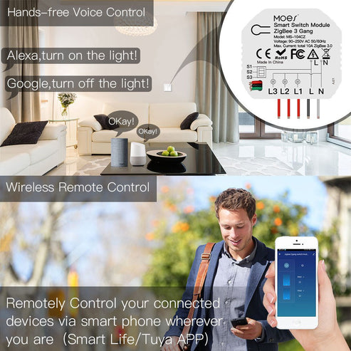 MOES Tuya Zigbee Smart Switch Module – DIY 3 Gang & 1/2 Way Wireless Light Switch, Circuit Breaker Interruptor, Works with Alexa, Google Home, Smart Life App, No Neutral Required, Zigbee Hub Compatible