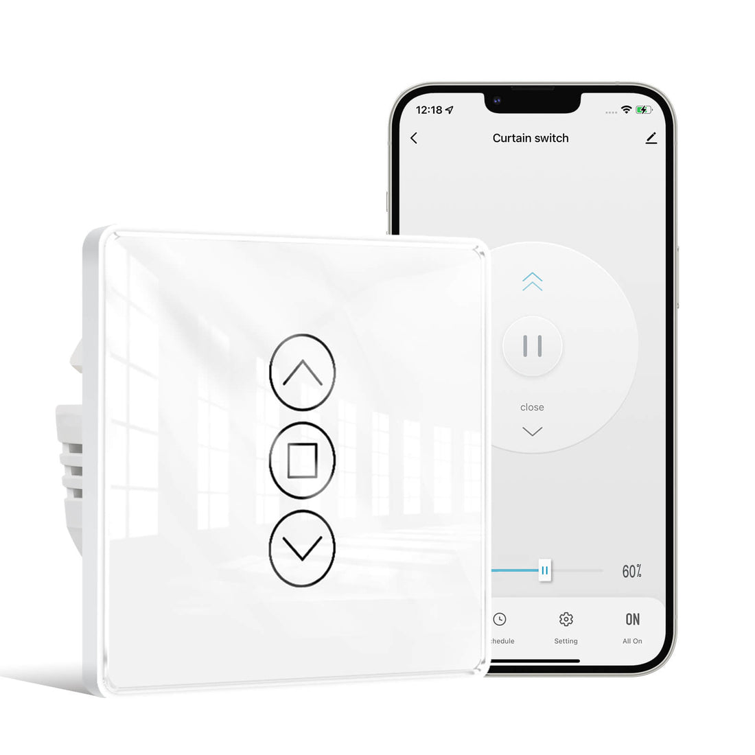 MOES WiFi & RF433 Smart Curtain Switch – 2.5D Arc Glass Touch Panel for Roller Blinds & Shutters, Works with Alexa/Google Home, App Control, Timer & Voice Control, No Hub Required, EU/UK/US Version