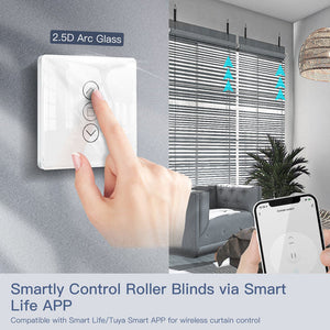MOES WiFi & RF433 Smart Curtain Switch – 2.5D Arc Glass Touch Panel for Roller Blinds & Shutters, Works with Alexa/Google Home, App Control, Timer & Voice Control, No Hub Required, EU/UK/US Version