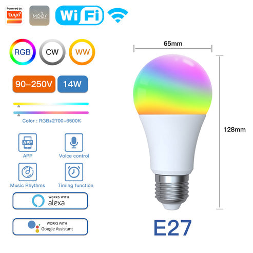 MOES WiFi Smart LED Light Bulb, E27 14W/9W RGB+CCT Color Changing, Dimmable, Works with Alexa & Google Home, 16 Million Colors 2700K-6500K, Voice & App Control, Energy Saving Bulb for Home Lighting