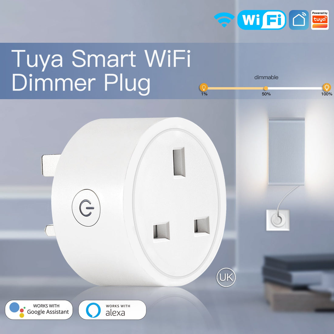 MOES WiFi Smart Dimmer Plug UK - Brightness Adjustable Socket with Timer & Scheduling | Works with Alexa & Google Home | No Hub Required | 2.4GHz WiFi | 300W LED/100W Halogen | Voice Control | UK Plug Standard