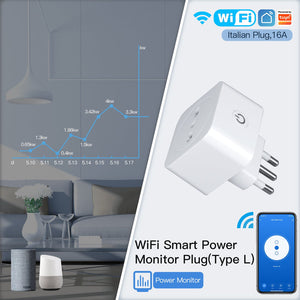 MOES WiFi Smart Plug with Energy Monitor - 16A Italian Type L Socket, Works with Alexa & Google Home, App Control, Power Consumption Tracking, 3680W Heavy Duty