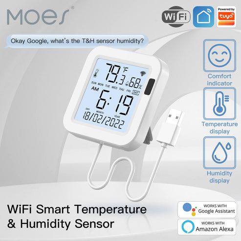 MOES WiFi Smart Temperature & Humidity Sensor - LCD Display Room Climate Monitor, Works with Alexa/Google Home, Real-Time App Alerts, Indoor Hygrometer Thermometer