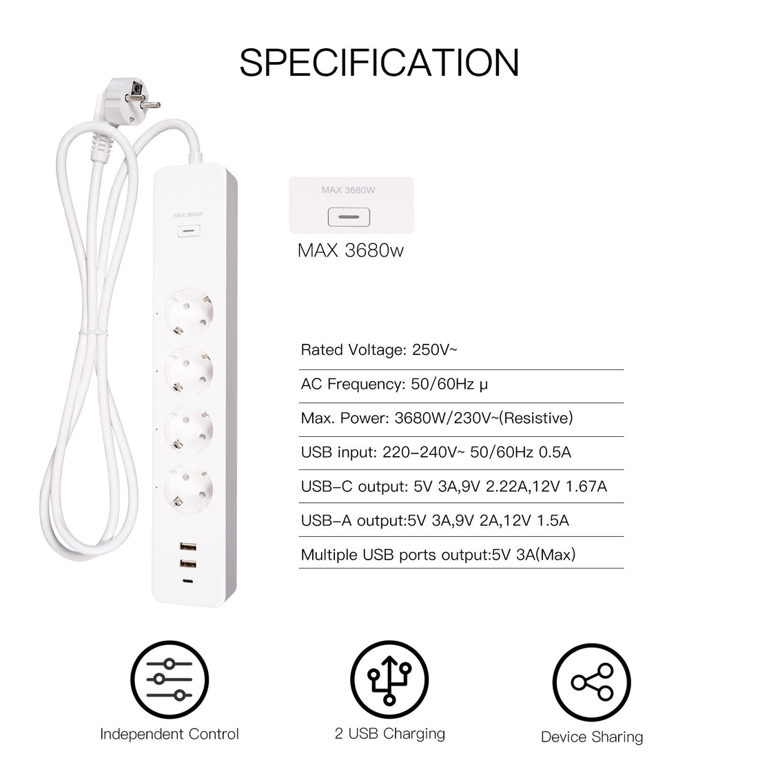 MOES WiFi Smart Power Strip with Surge Protector - Tuya App Compatible, Energy Monitoring, 4 AC Outlets + 3 USB Ports, Works with Alexa/Google Home, 15A/1875W, No Hub Required