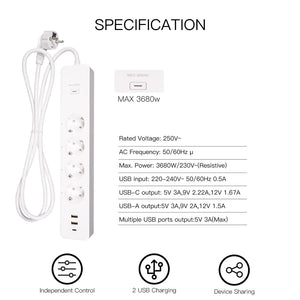 MOES WiFi Smart Power Strip with Surge Protector - Tuya App Compatible, Energy Monitoring, 4 AC Outlets + 3 USB Ports, Works with Alexa/Google Home, 15A/1875W, No Hub Required