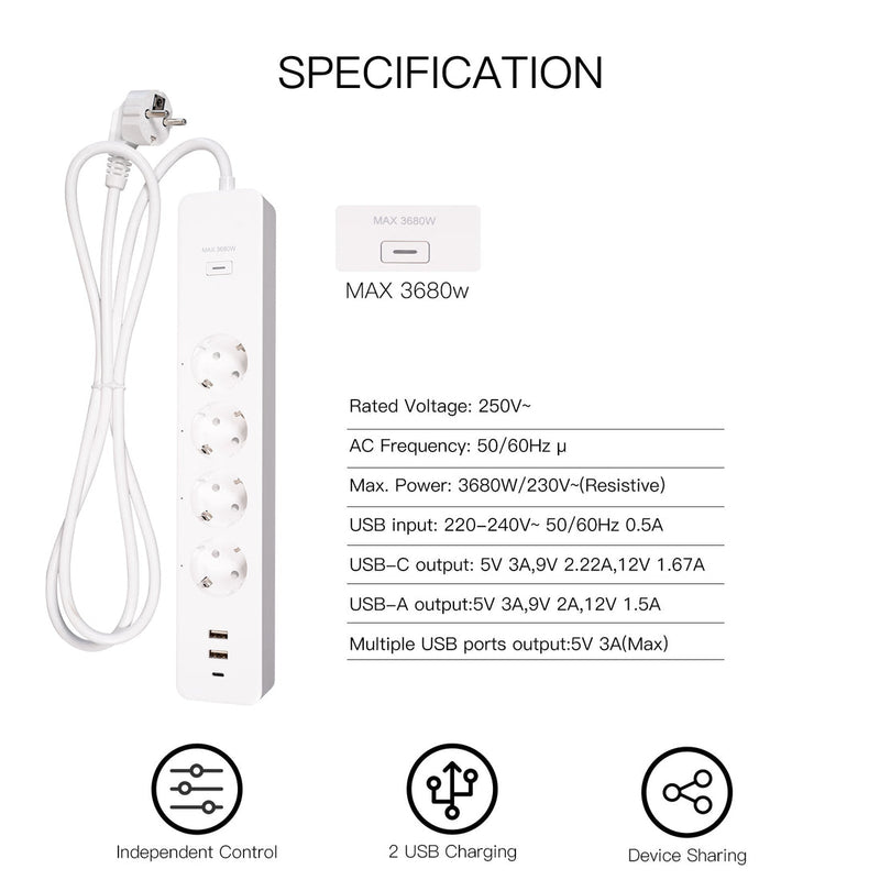 MOES WiFi Smart Power Strip with Surge Protector - Tuya App Compatible, Energy Monitoring, 4 AC Outlets + 3 USB Ports, Works with Alexa/Google Home, 15A/1875W, No Hub Required