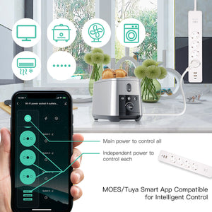 MOES WiFi Smart Power Strip with Surge Protector - Tuya App Compatible, Energy Monitoring, 4 AC Outlets + 3 USB Ports, Works with Alexa/Google Home, 15A/1875W, No Hub Required