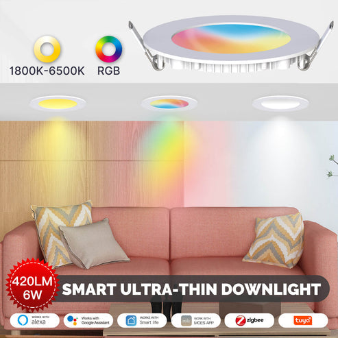 MOES ZigBee Downlight, 6W RGB+CCT Color Changing Recessed Spotlight, Works with Tuya/Smart Life, Dimmable Warm to Cool White (2700K-6500K), Compatible with Alexa & Google Home