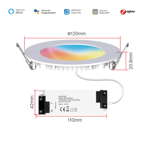 MOES ZigBee Downlight, 6W RGB+CCT Color Changing Recessed Spotlight, Works with Tuya/Smart Life, Dimmable Warm to Cool White (2700K-6500K), Compatible with Alexa & Google Home