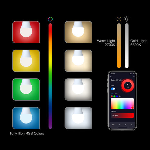 MOES ZigBee Smart LED Bulb, E27 RGB + White Color Changing (806 Lumens, 9W), Dimmable, Works with Alexa/Google Home/SmartThings, Energy Efficient, 90-250V, Voice & App Control, Tunable Warm to Cool White (2700K-6500K)