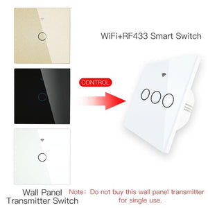 RF433 Smart Wireless Wall Switch - Glass Panel Touch Transmitter, Multi-Control Remote, EU Standard, No Wiring Needed, Compatible with Lights/Fans/Appliances (433MHz Frequency)