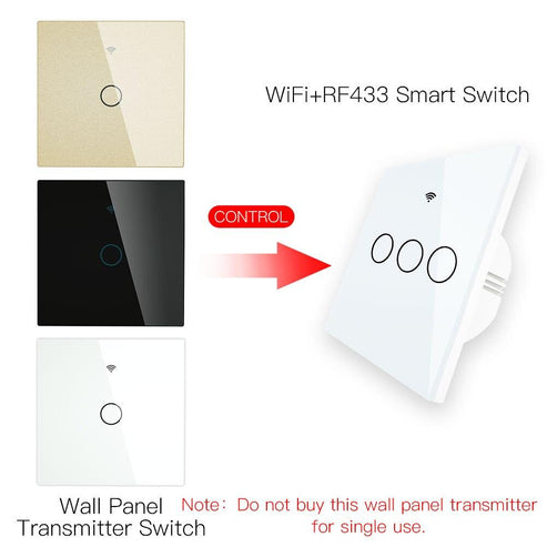 RF433 Smart Wireless Wall Switch - Glass Panel Touch Transmitter, Multi-Control Remote, EU Standard, No Wiring Needed, Compatible with Lights/Fans/Appliances (433MHz Frequency)